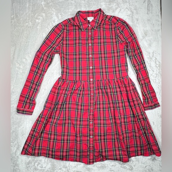 J.Crew Factory Red Green Tartan Plaid Collared Shirtdress Mini Dress Size 2 - Picture 3 of 16